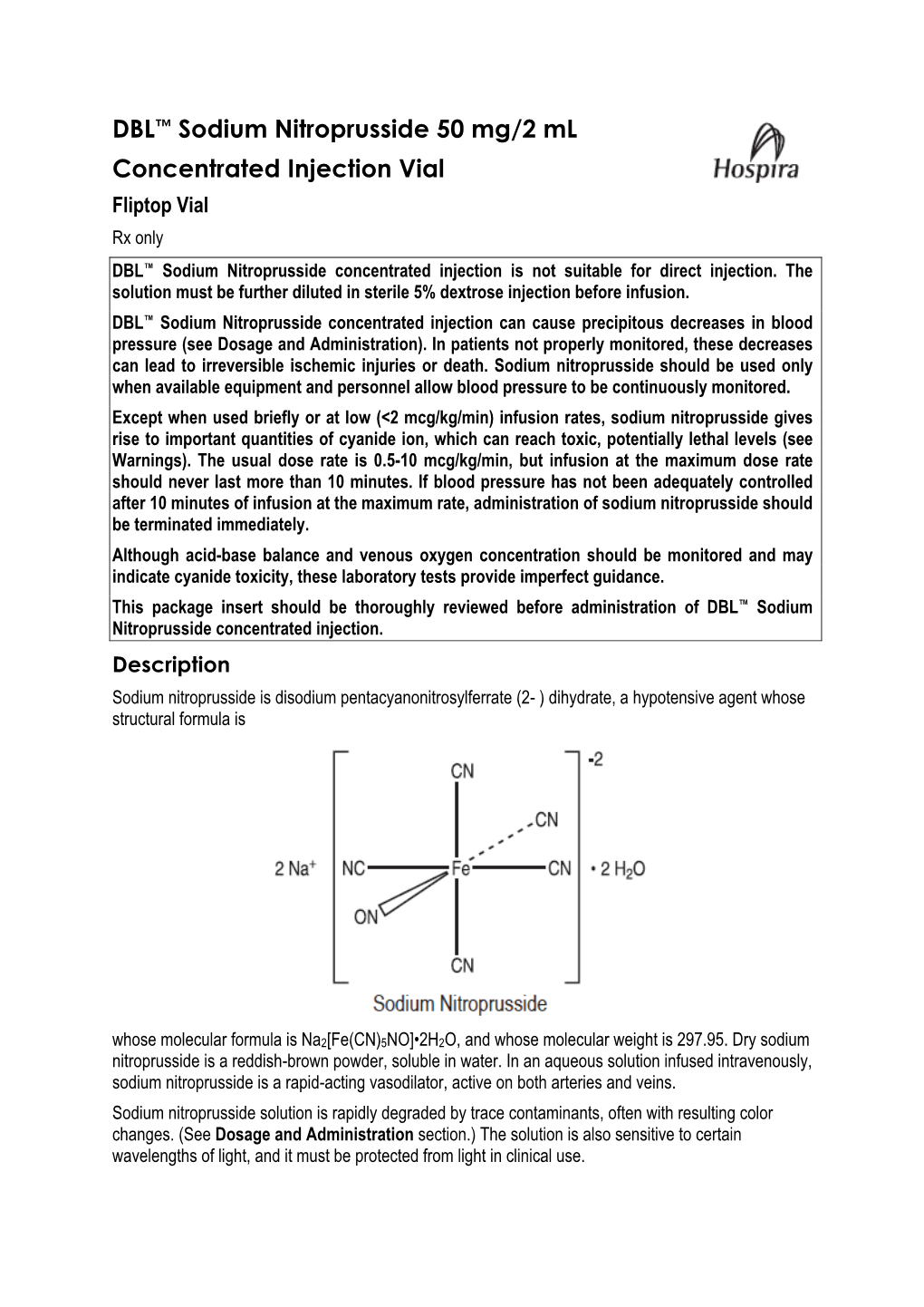DBL™ Sodium Nitroprusside 50 Mg/2 Ml Concentrated Injection Vial
