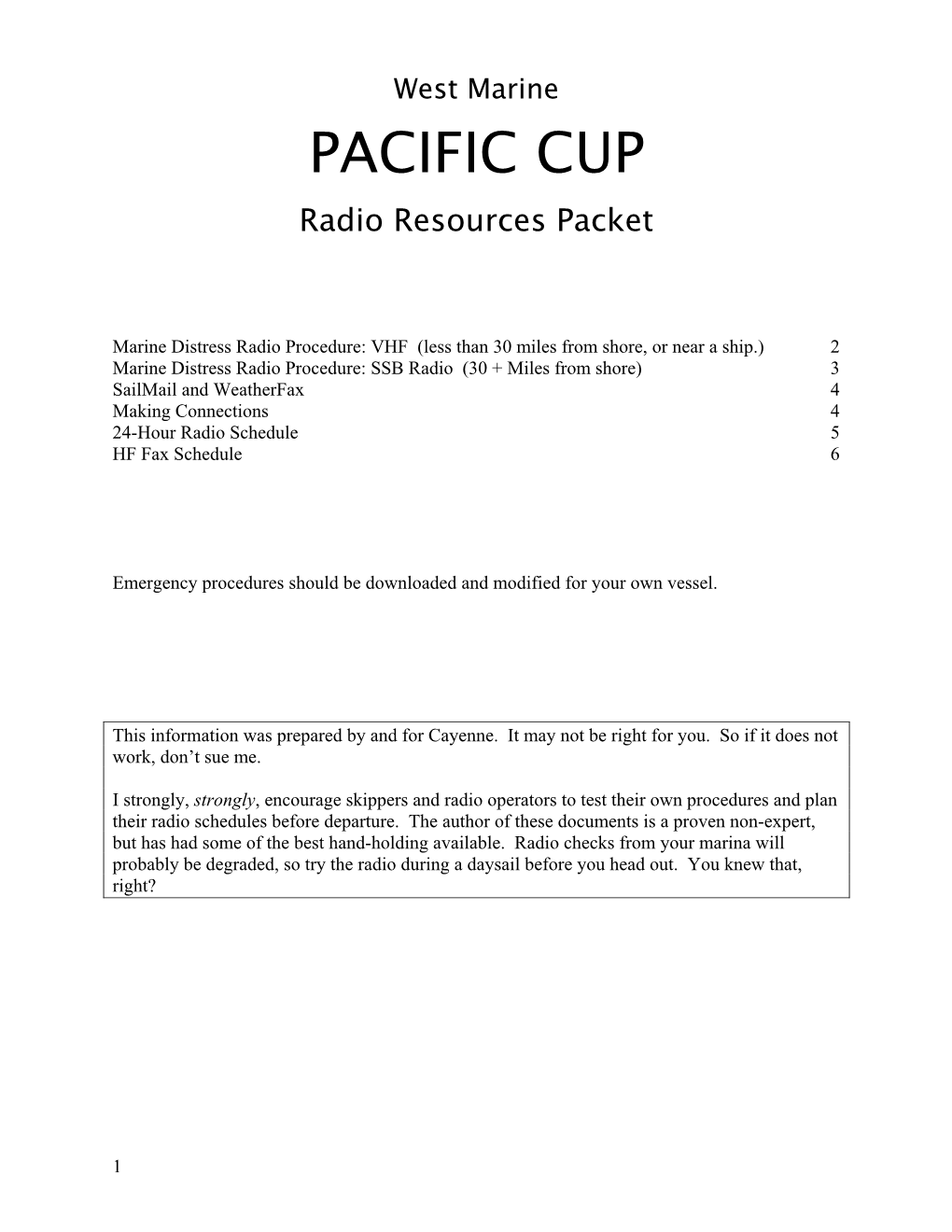 West Marine PACIFIC CUP Radio Resources Packet