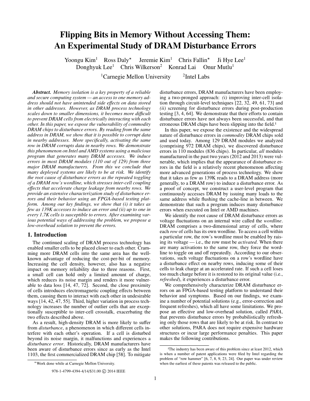 Flipping Bits in Memory Without Accessing Them: an Experimental Study of DRAM Disturbance Errors