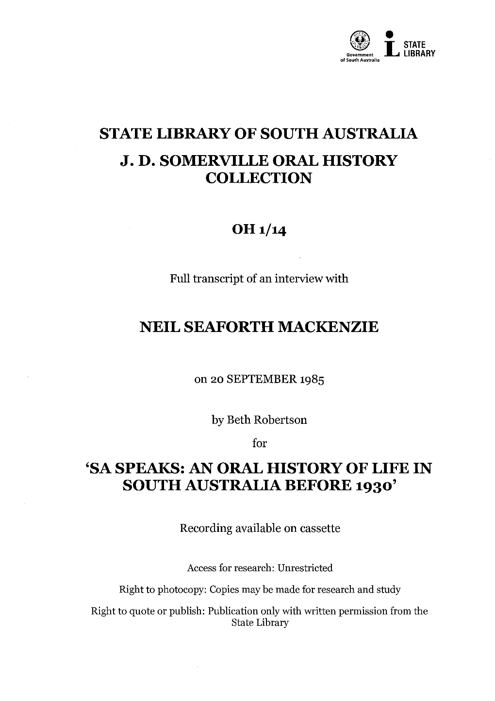 State Library of South Australia J. D. Somerville Oral History Collection