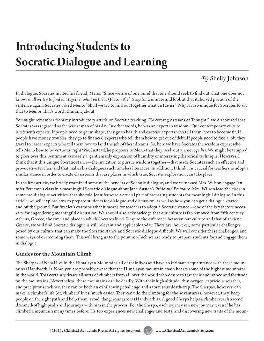 Introducing Students to Socratic Dialogue and Learning by Shelly Johnson