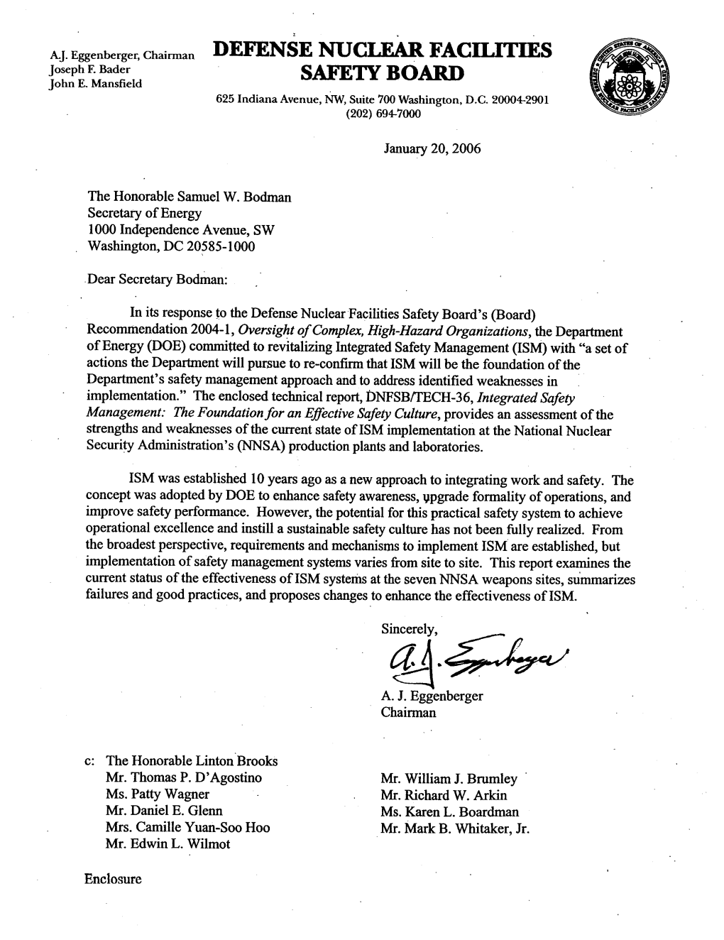 January 20, 2006, Board Letter Forwarding