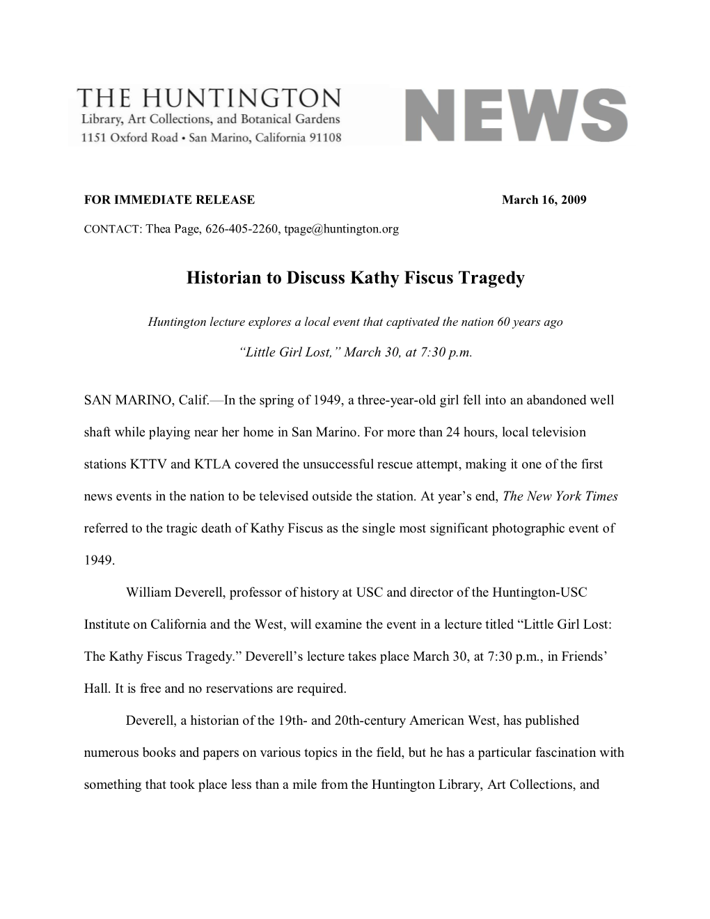 Historian to Discuss Kathy Fiscus Tragedy