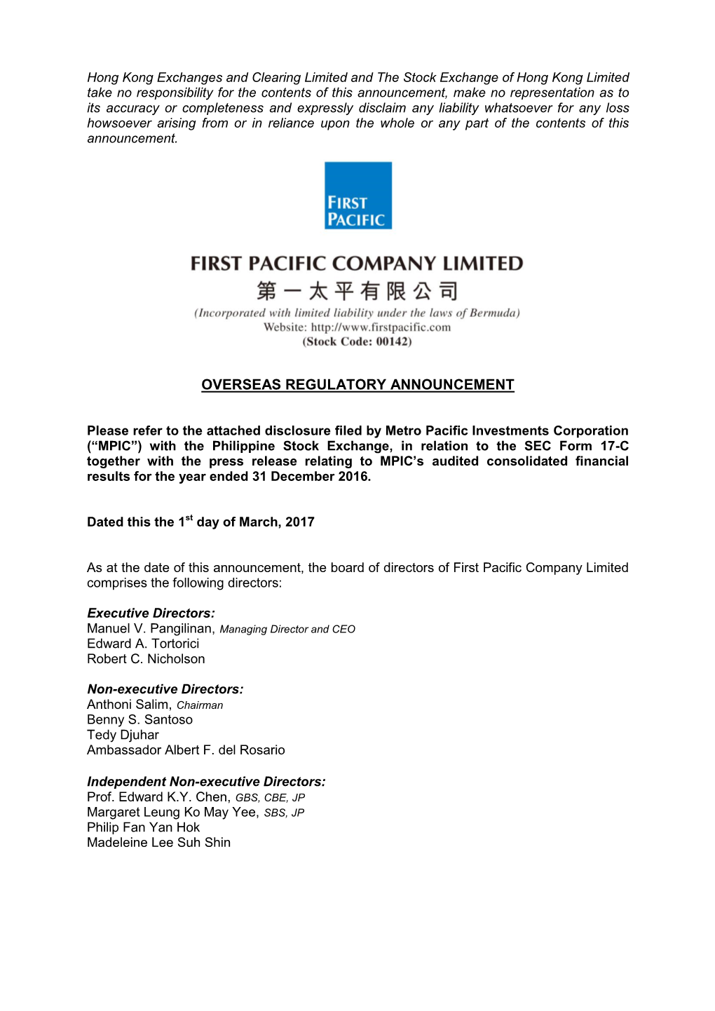 Disclosure Filed by Metro Pacific Investments Corporation