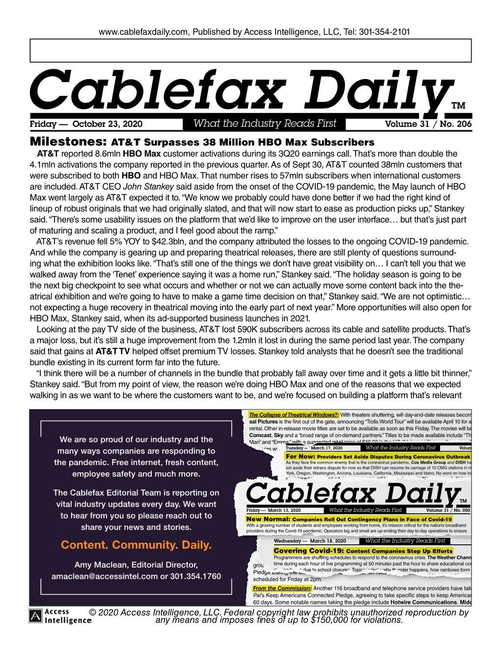 Cablefax Dailytm Friday — October 23, 2020 What the Industry Reads First Volume 31 / No