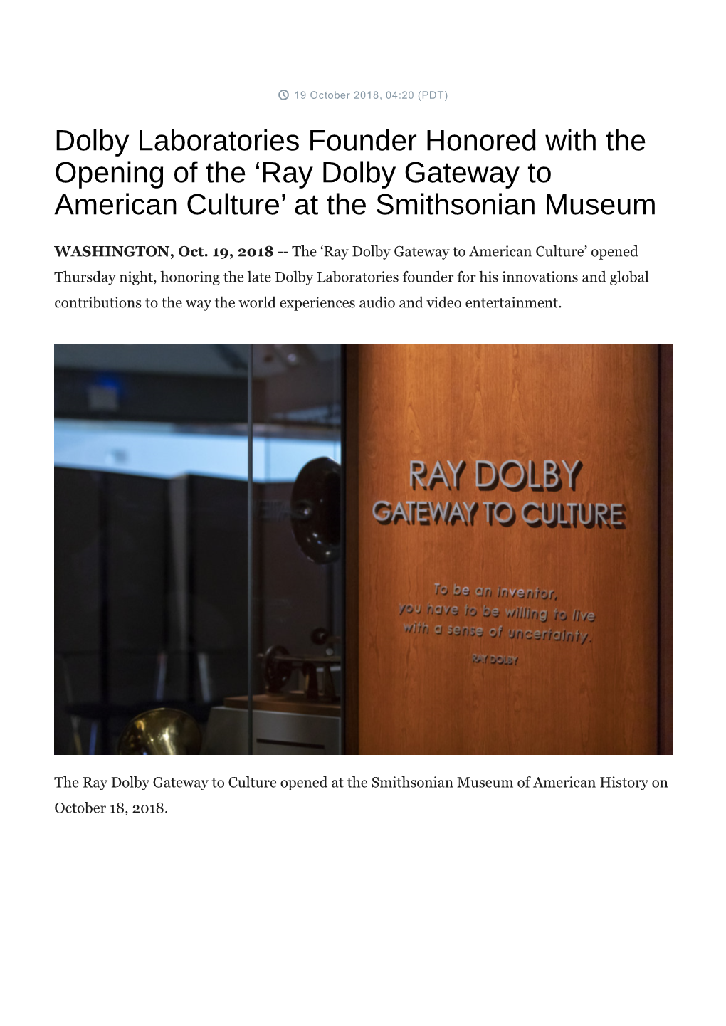 Dolby Laboratories Founder Honored with the Opening of the 'Ray Dolby