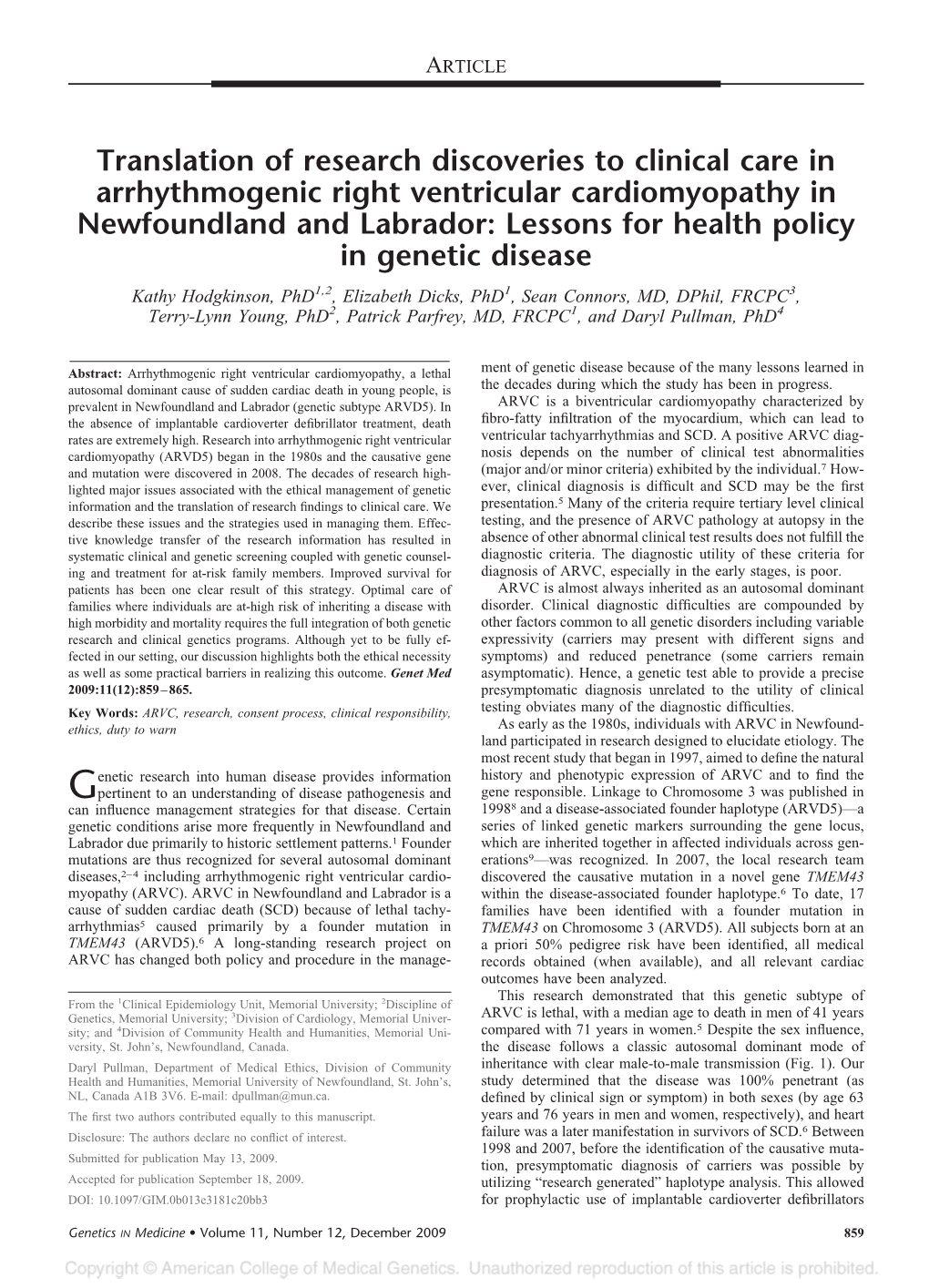 Translation of Research Discoveries to Clinical Care in Arrhythmogenic Right