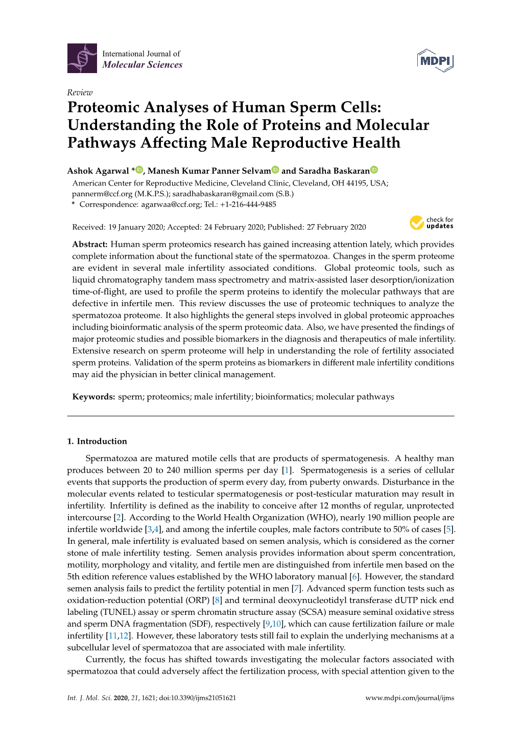 Proteomic Analyses of Human Sperm Cells: Understanding the Role of Proteins and Molecular Pathways Aﬀecting Male Reproductive Health