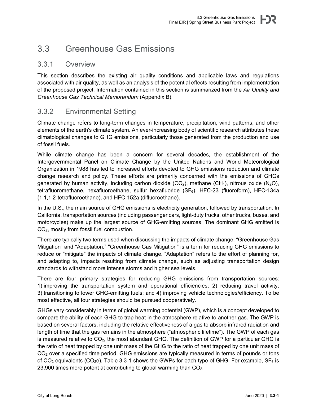 3.3 Greenhouse Gas Emissions Final EIR | Spring Street Business Park Project