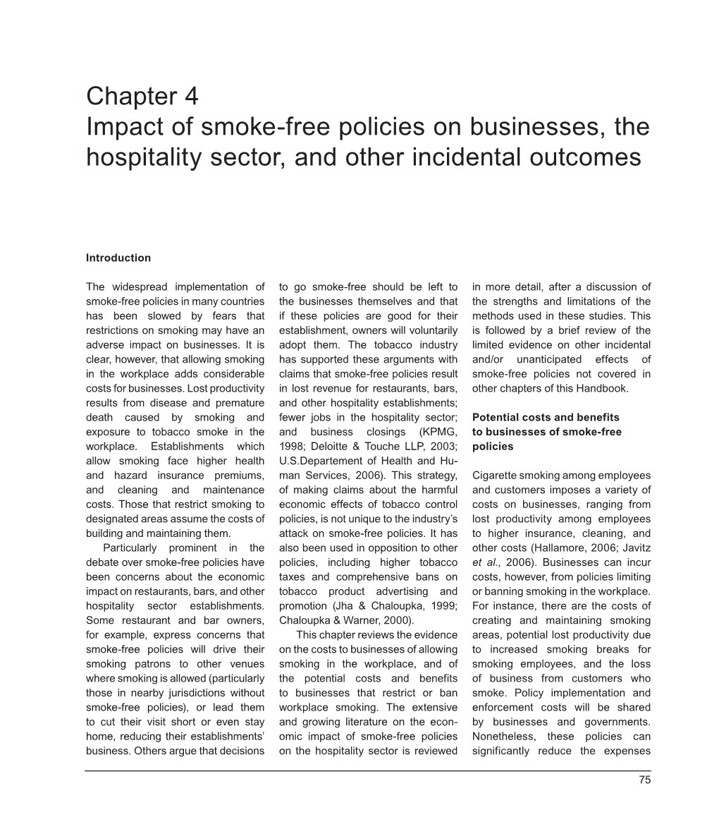 Chapter 4 Impact of Smoke-Free Policies on Businesses, the Hospitality Sector, and Other Incidental Outcomes