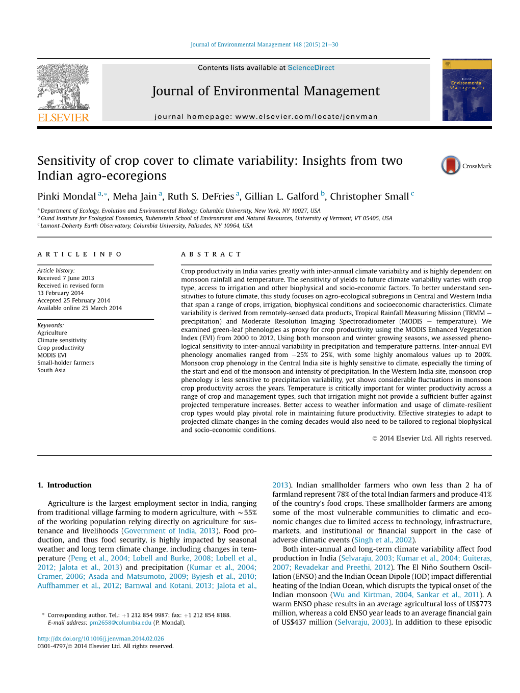 Sensitivity of Crop Cover to Climate Variability: Insights from Two Indian Agro-Ecoregions