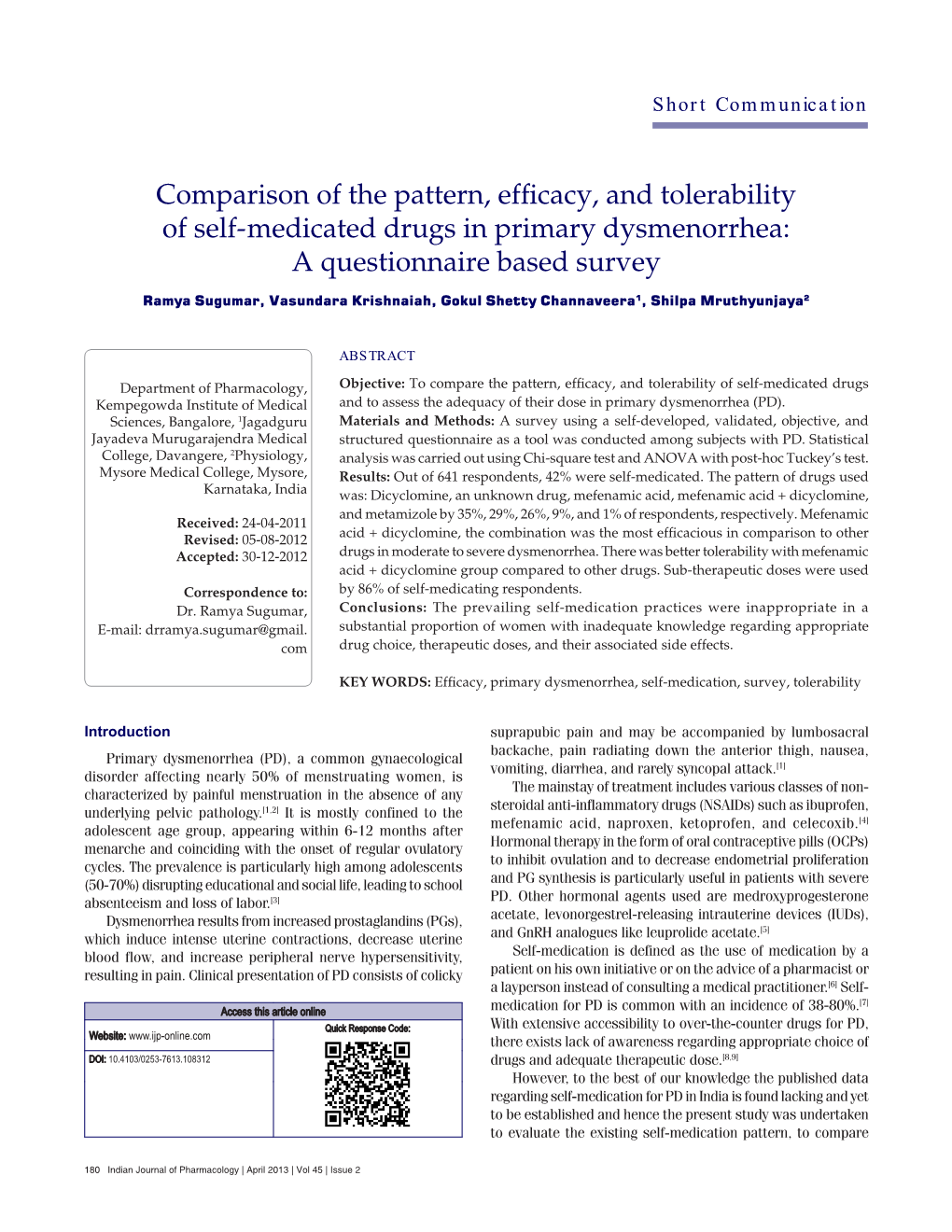 Comparison of the Pattern, Efficacy, and Tolerability of Self-Medicated Drugs in Primary Dysmenorrhea: a Questionnaire Based Survey