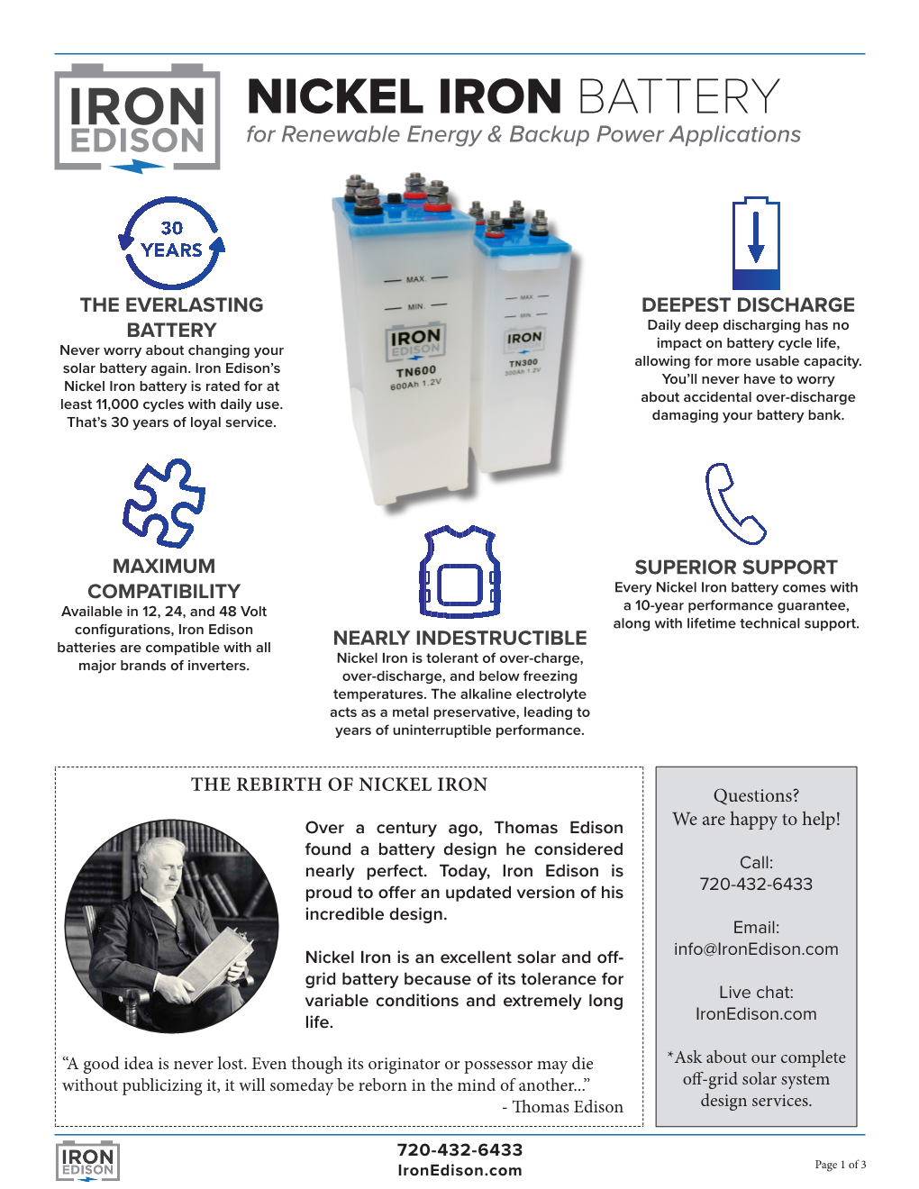 NICKEL IRON BATTERY for Renewable Energy & Backup Power Applications