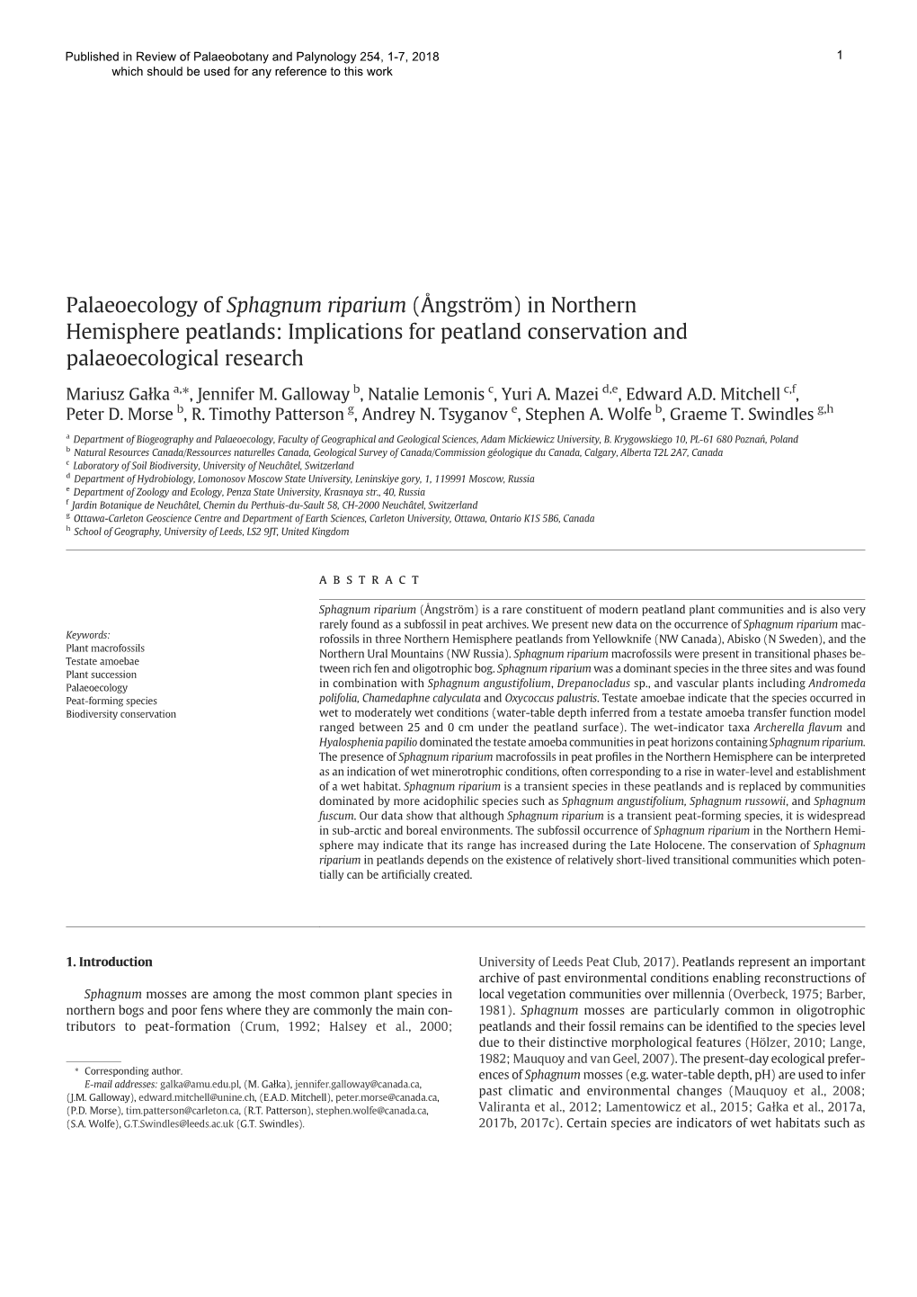 Palaeoecology of Sphagnum Riparium (Ångström) in Northern Hemisphere Peatlands: Implications for Peatland Conservation and Palaeoecological Research