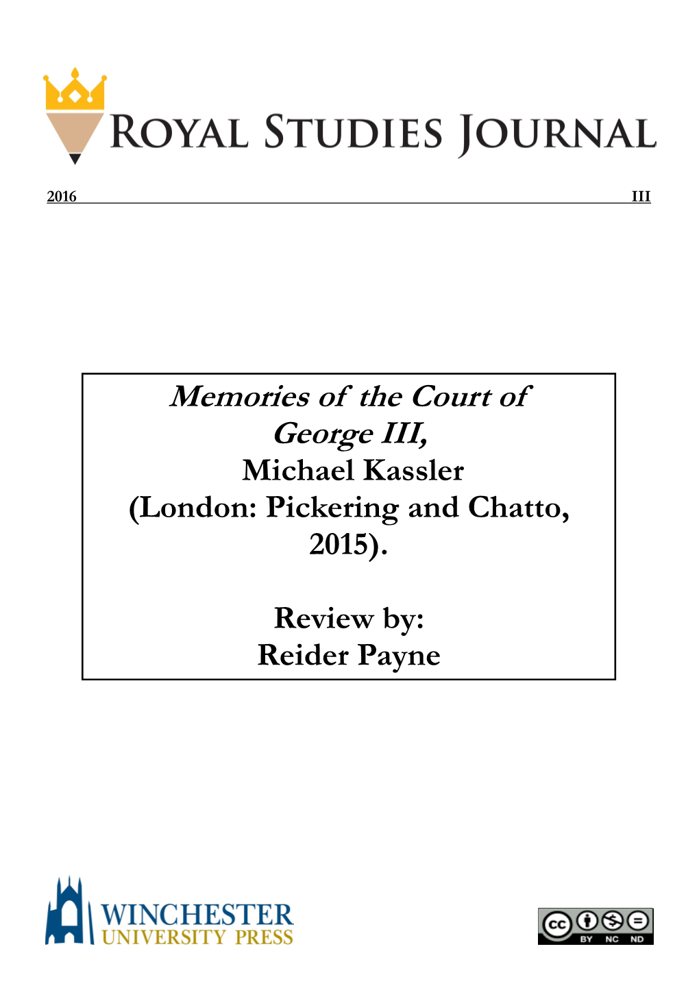 Memories of the Court of George III, Michael Kassler (London: Pickering and Chatto, 2015)