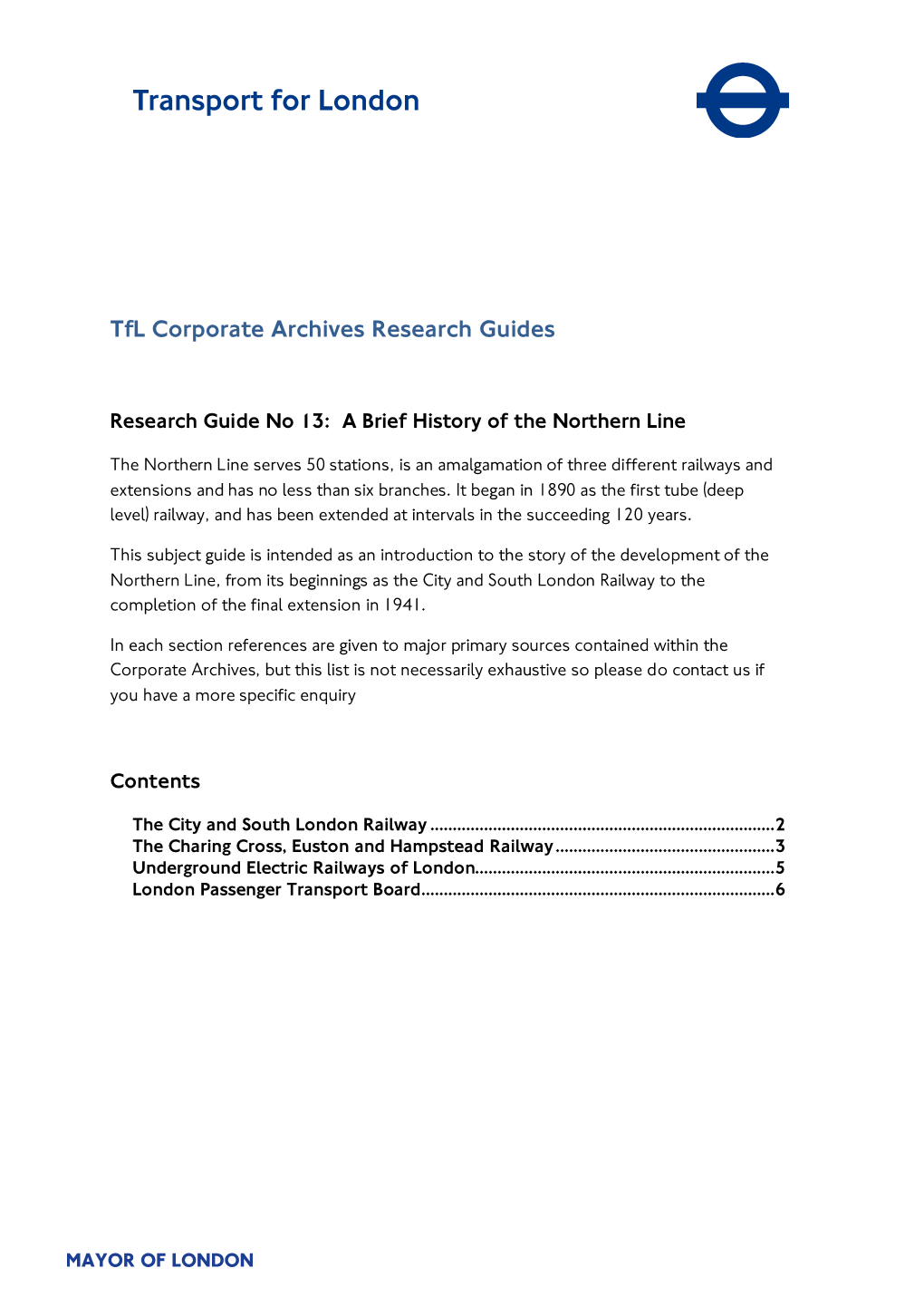 Research Guide No 13: a Brief History of the Northern Line