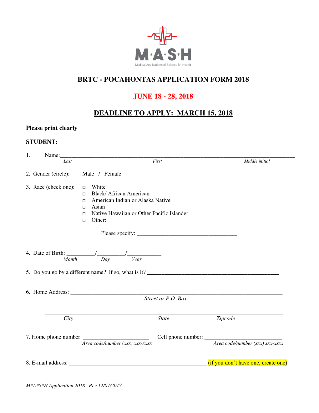 Brtc - Pocahontas Application Form 2018