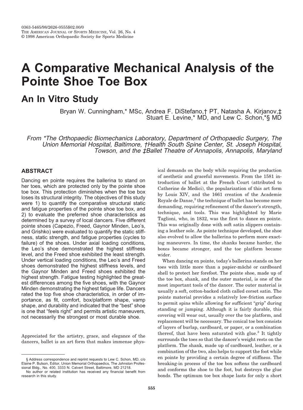 A Comparative Mechanical Analysis of the Pointe Shoe Toe Box an in Vitro Study Bryan W