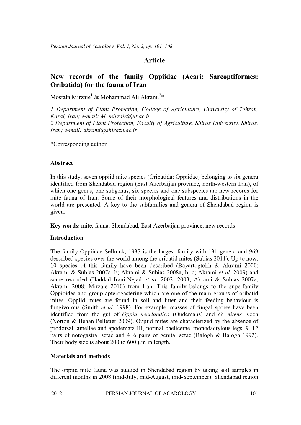 Article New Records of the Family Oppiidae (Acari: Sarcoptiformes