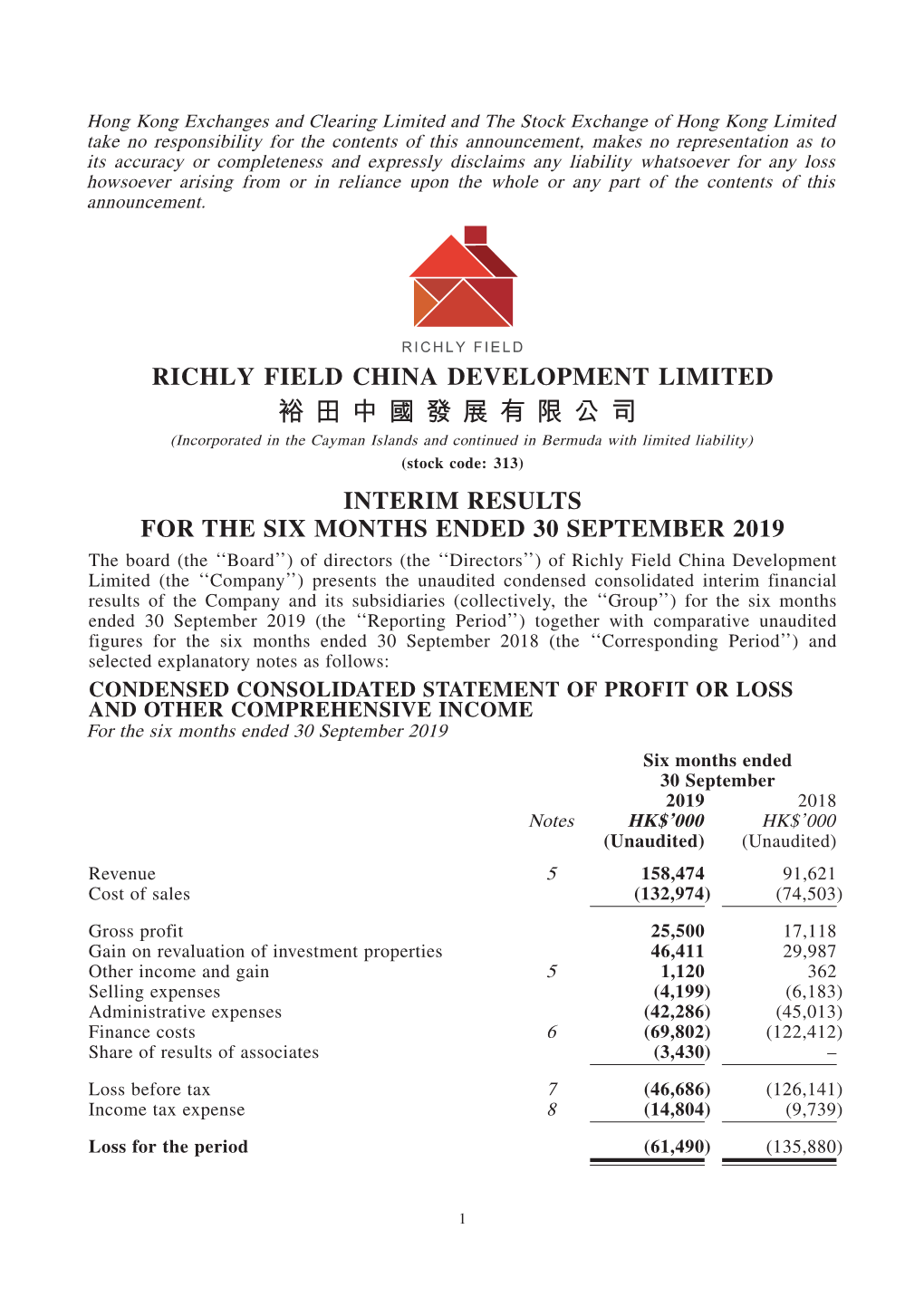 Interim Results for the Six Months Ended 30