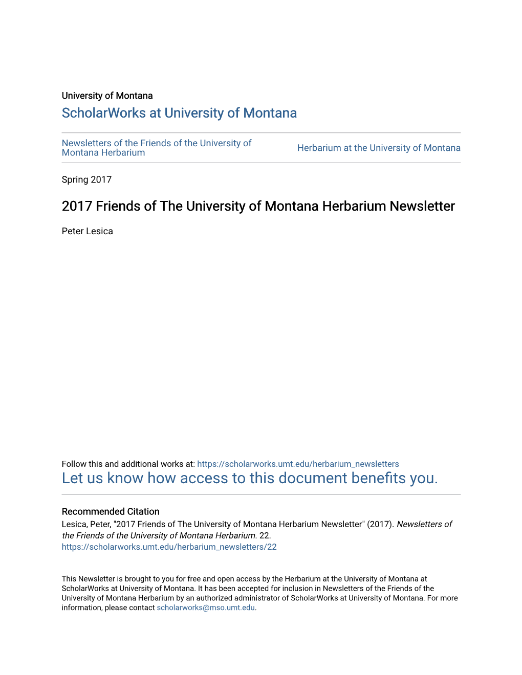 2017 Friends of the University of Montana Herbarium Newsletter