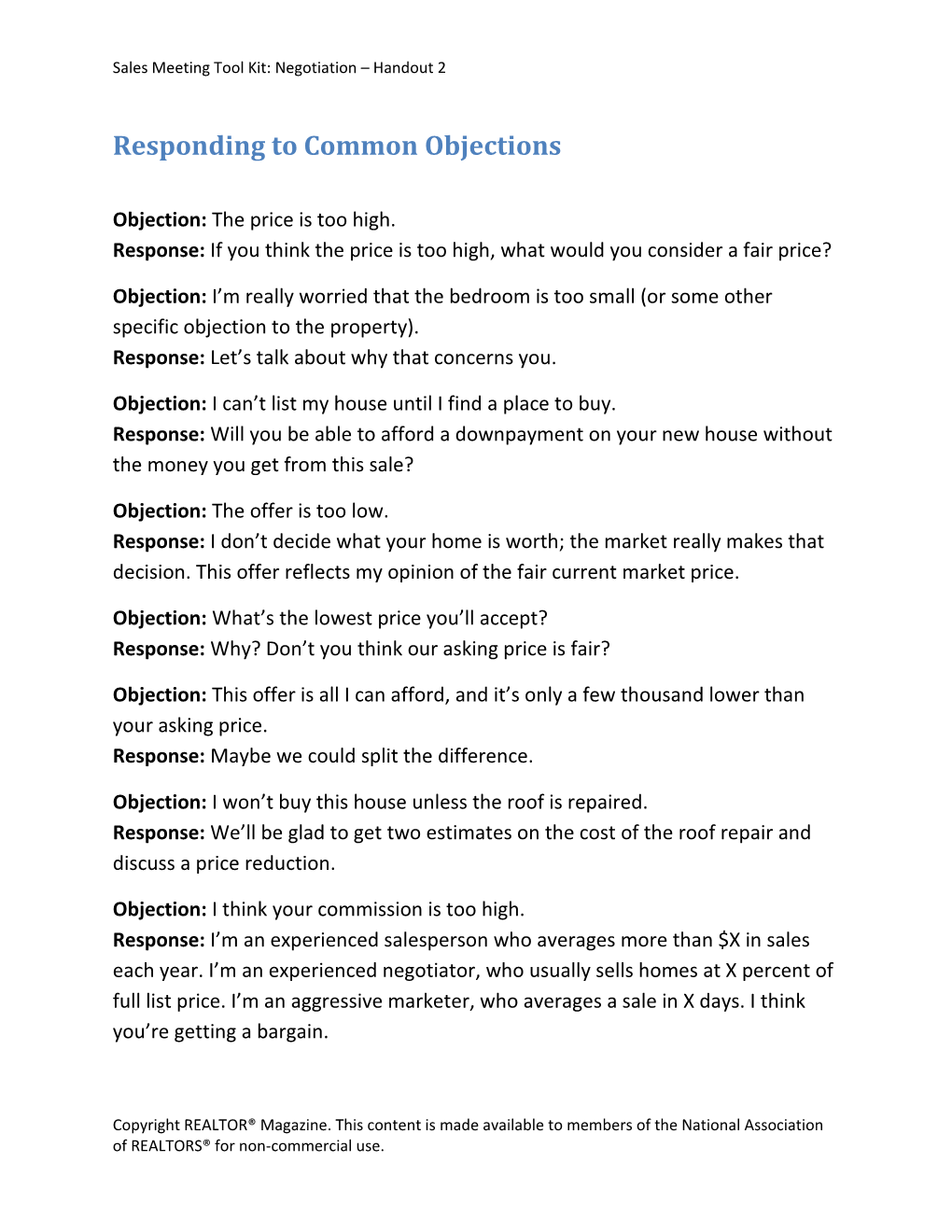 Sales Meeting Tool Kit: Negotiation Handout 2