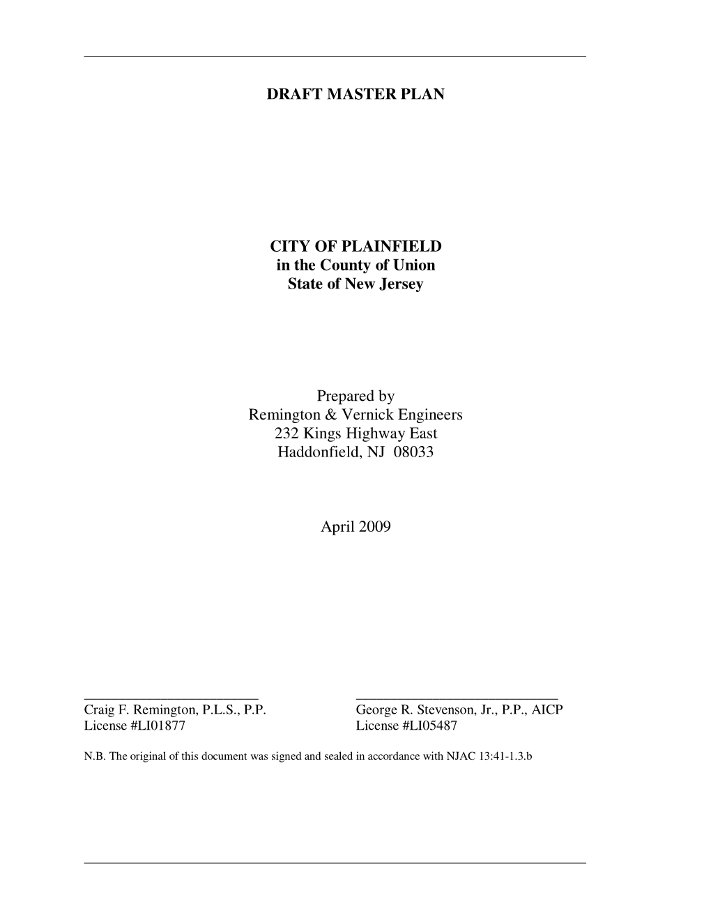 DRAFT MASTER PLAN CITY of PLAINFIELD in the County of Union