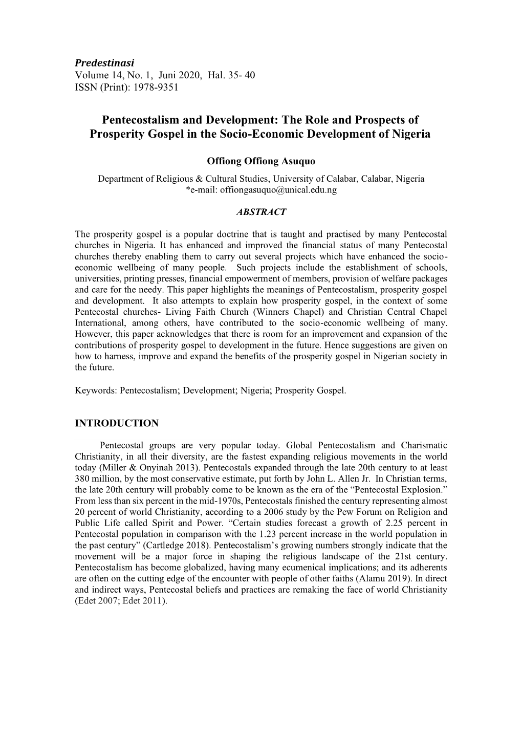 Pentecostalism and Development: the Role and Prospects of Prosperity Gospel in the Socio-Economic Development of Nigeria