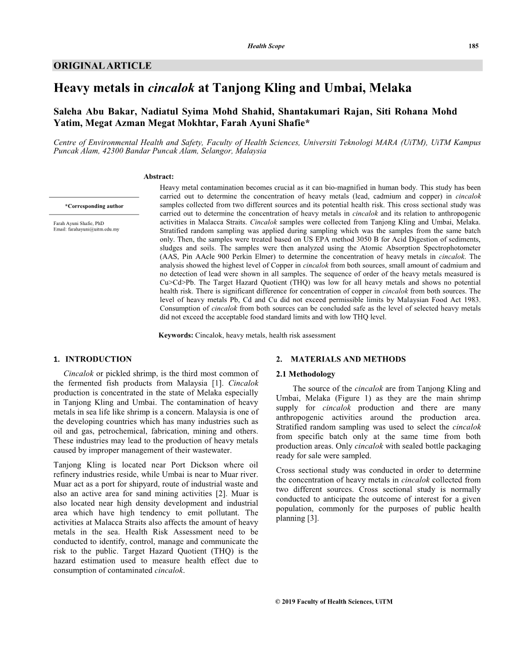 Heavy Metals in Cincalok at Tanjong Kling and Umbai, Melaka