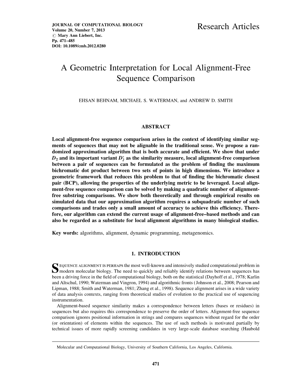 A Geometric Interpretation for Local Alignment-Free Sequence Comparison