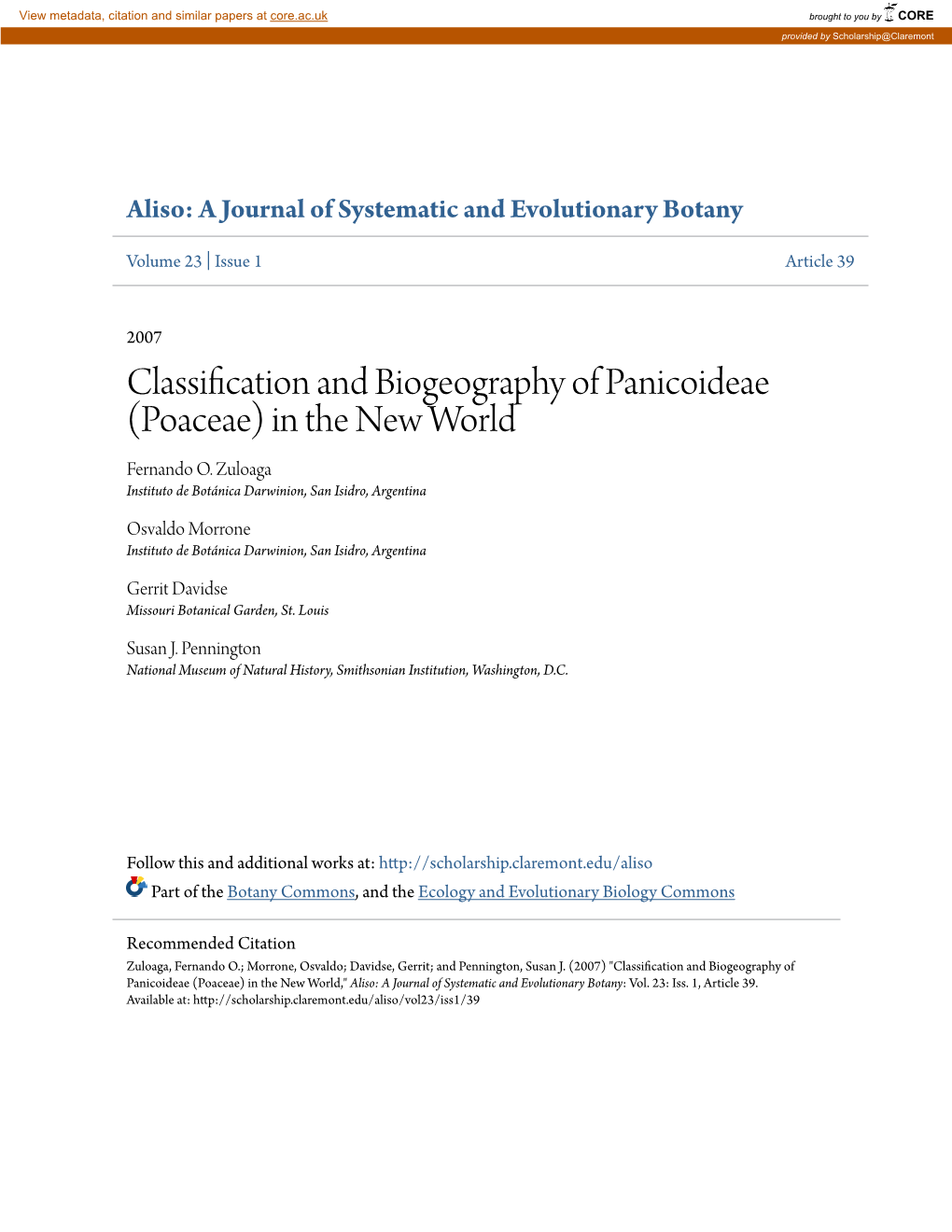 Classification and Biogeography of Panicoideae (Poaceae) in the New World Fernando O