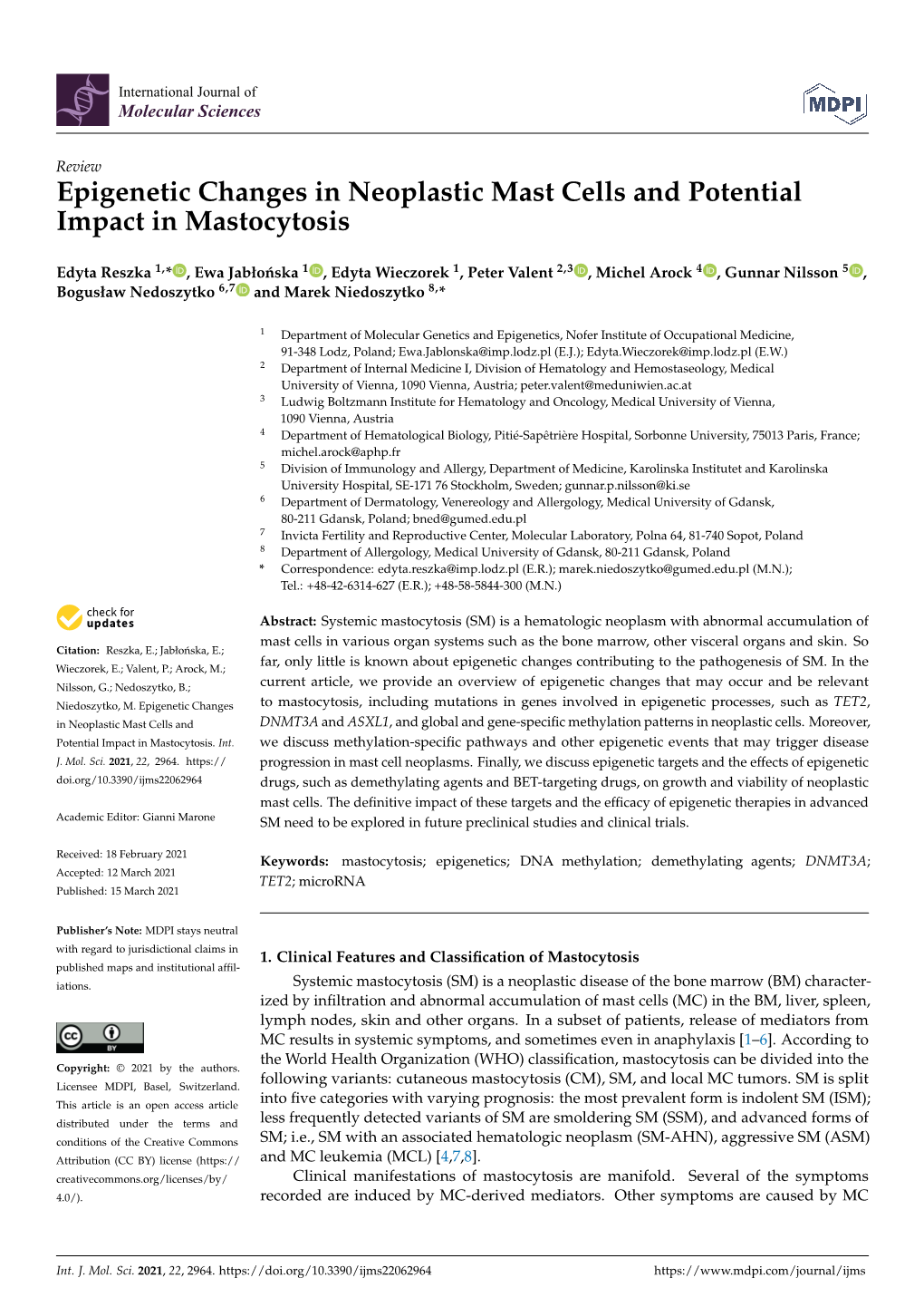 Epigenetic Changes in Neoplastic Mast Cells and Potential Impact in Mastocytosis