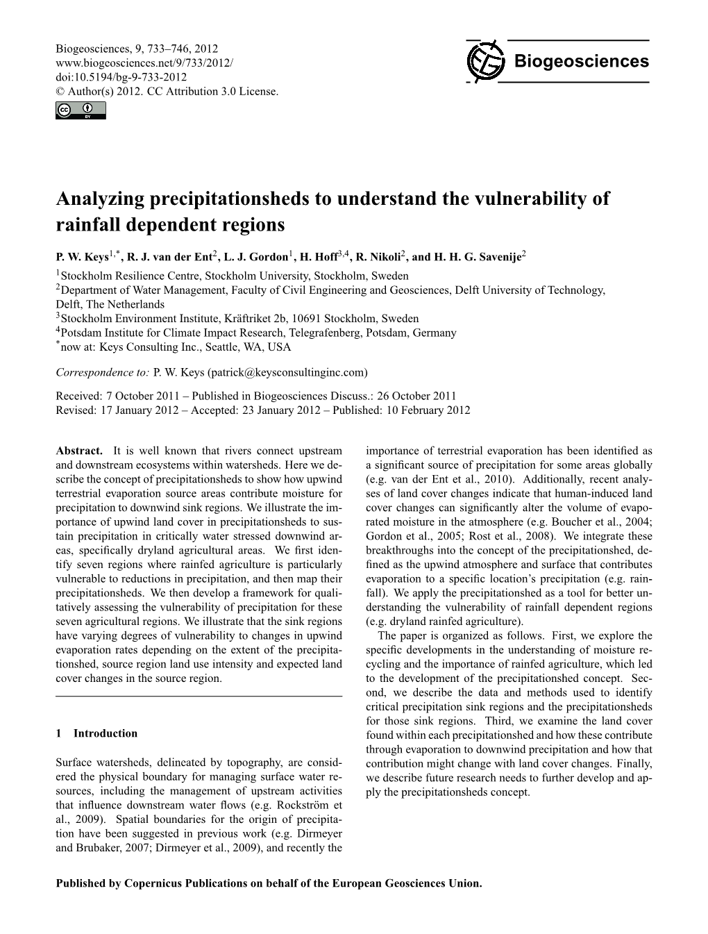 Analyzing Precipitationsheds to Understand the Vulnerability of Rainfall Dependent Regions