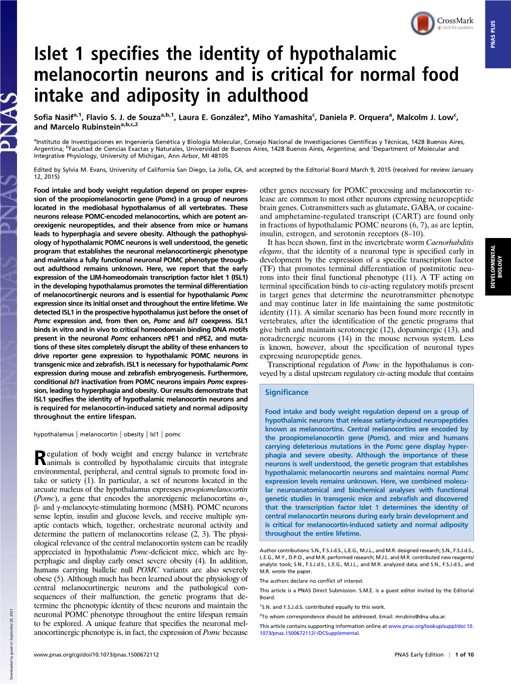 Islet 1 Specifies the Identity of Hypothalamic Melanocortin Neurons and Is Critical for Normal Food Intake and Adiposity in Adul