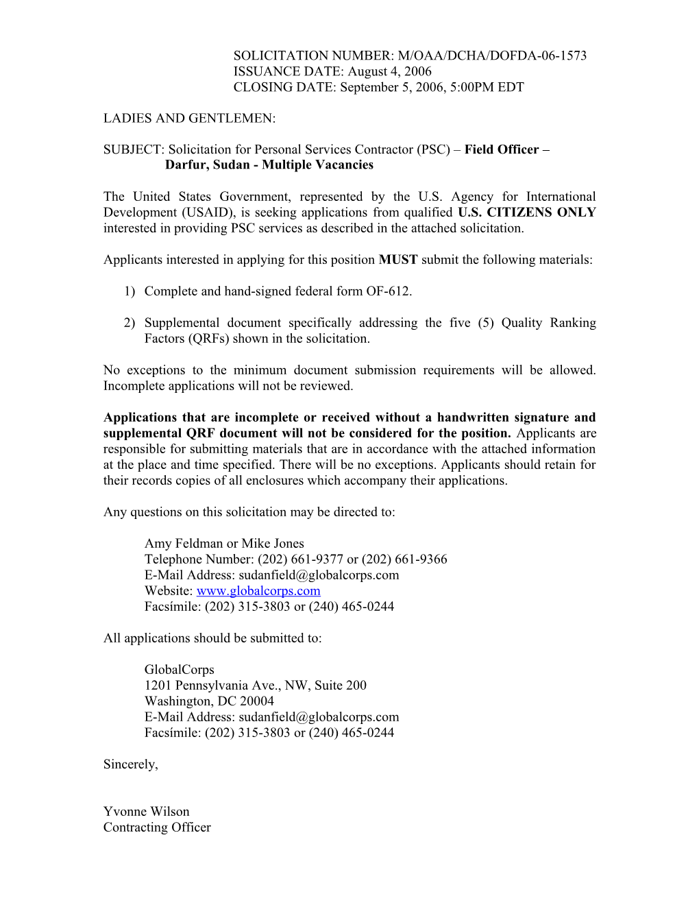 Solicitation Number: M/Oaa/Dcha/Dofda-06-1573