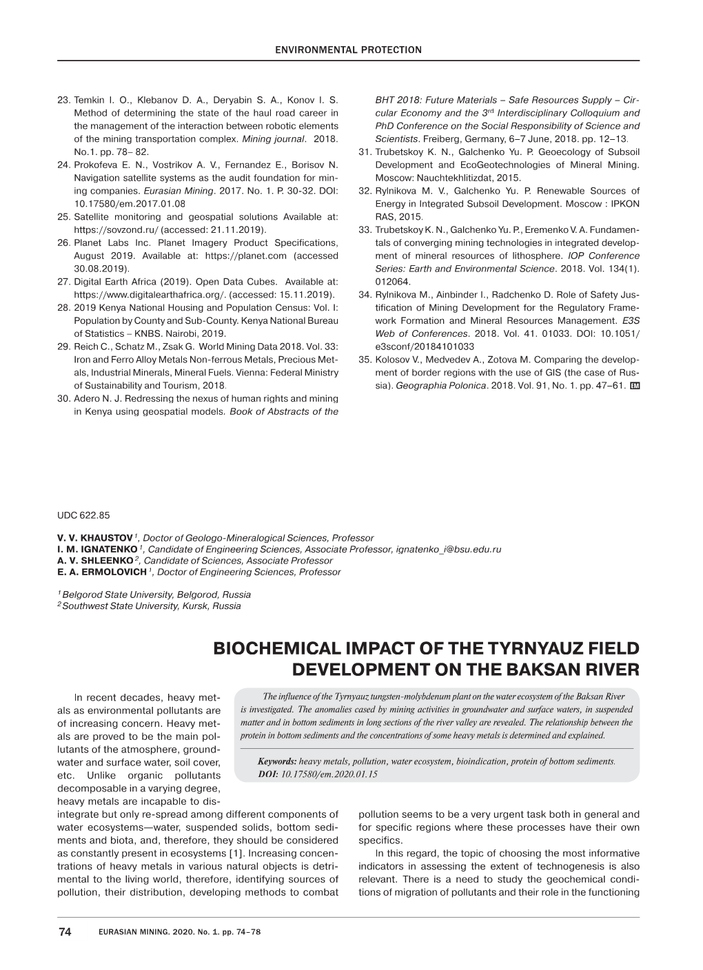 Biochemical Impact of the Tyrnyauz Field Development on the Baksan River