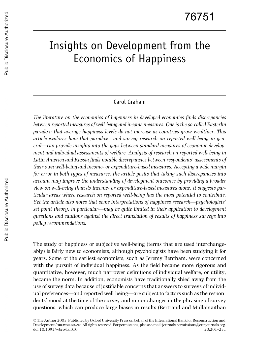 Insights on Development from the Economics of Happiness Public Disclosure Authorized