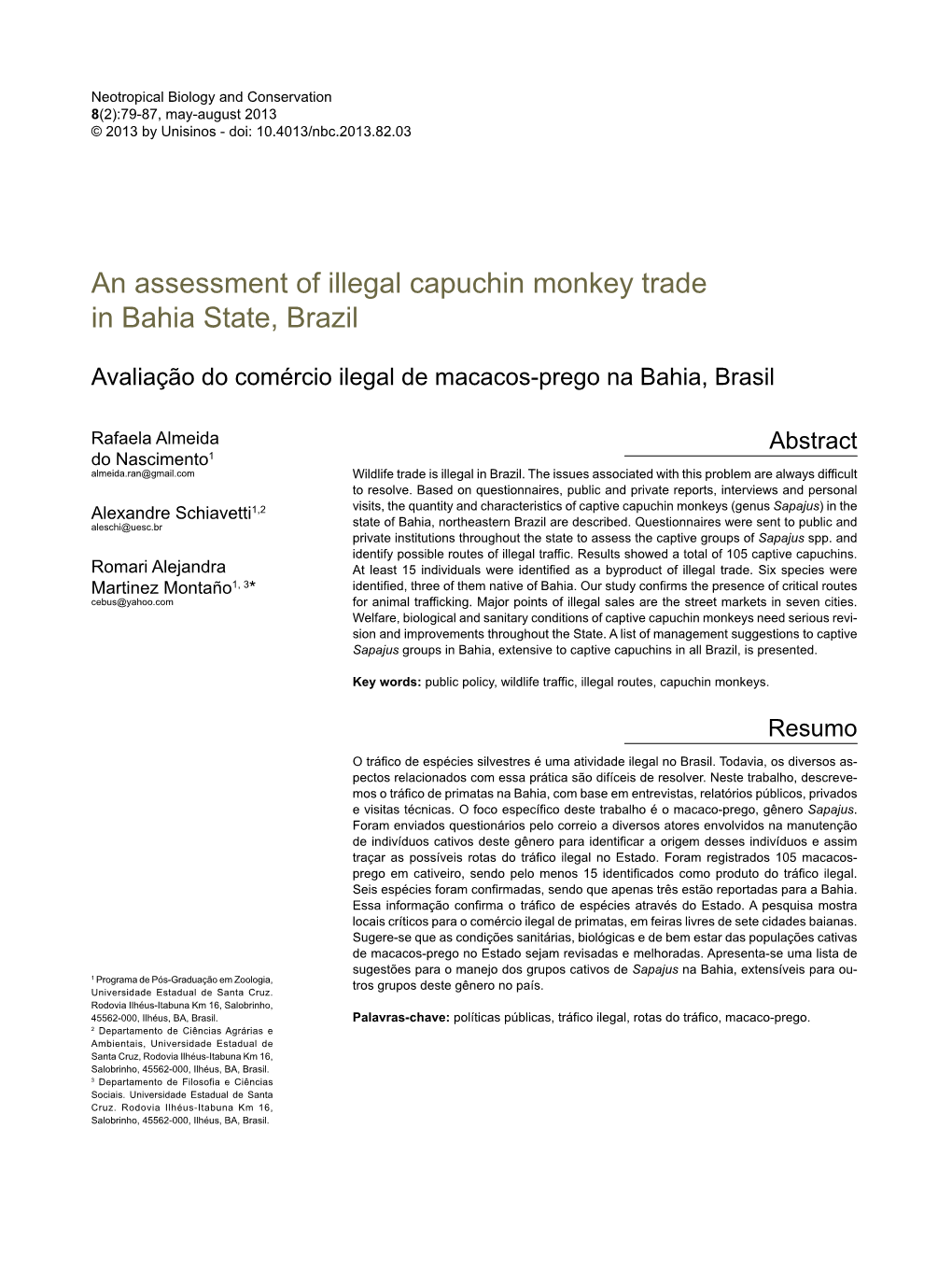 An Assessment of Illegal Capuchin Monkey Trade in Bahia State, Brazil