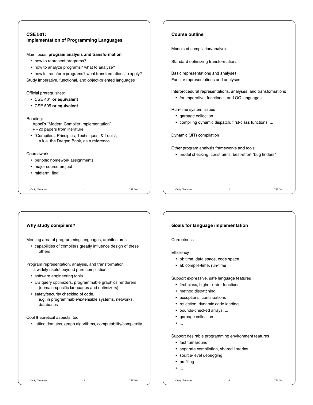 CSE 501: Course Outline Implementation of Programming Languages