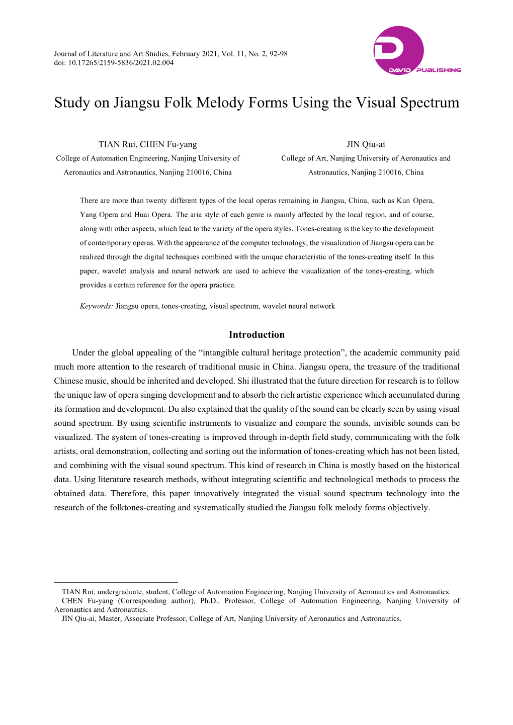 Study on Jiangsu Folk Melody Forms Using the Visual Spectrum