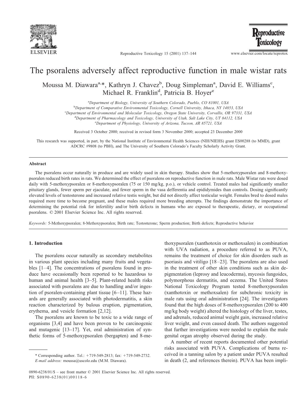 The Psoralens Adversely Affect Reproductive Function in Male Wistar Rats