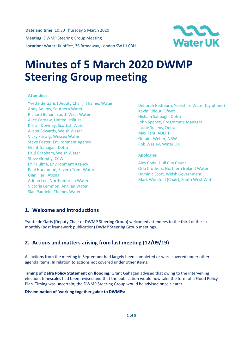 DWMP Steering Group – Minutes of 5 March 2020 Meeting