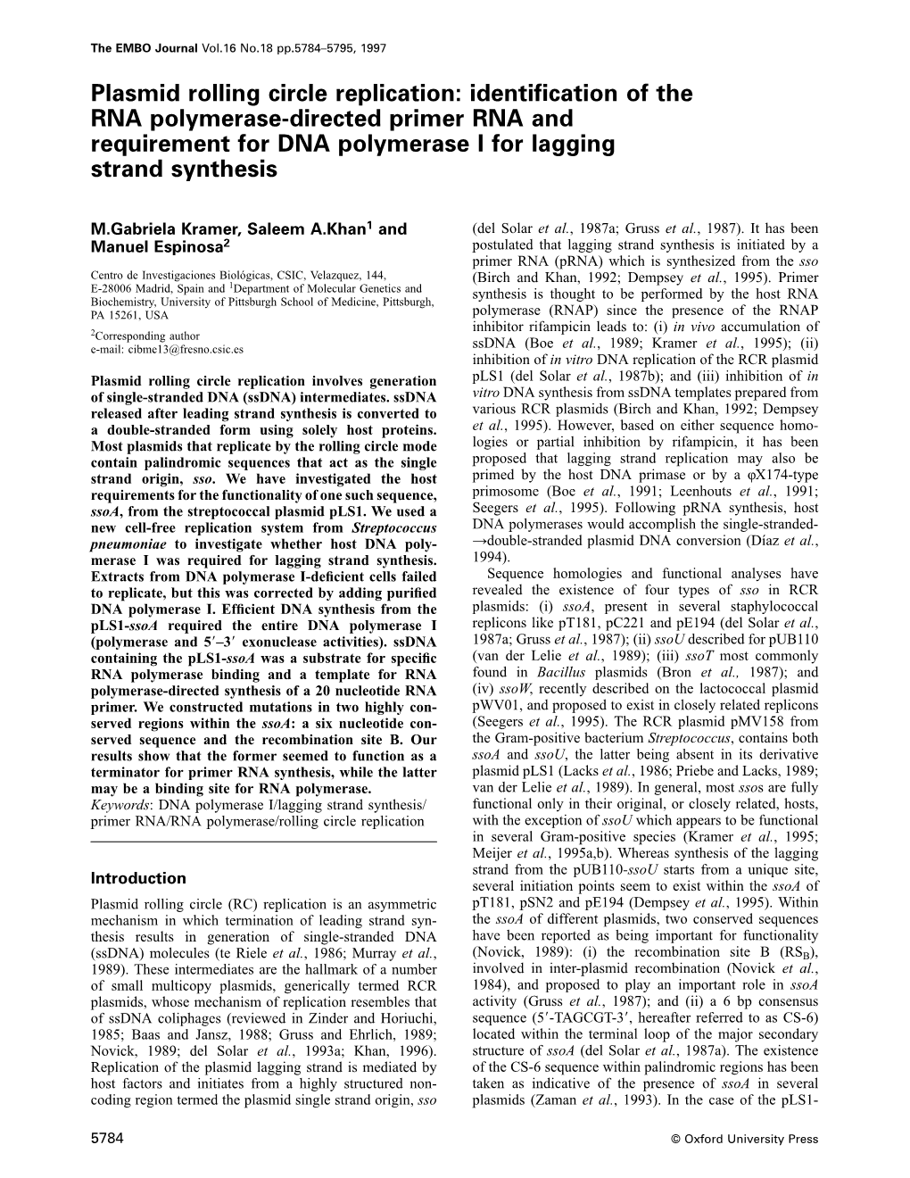 Plasmid Rolling Circle Replication: Identification of the RNA