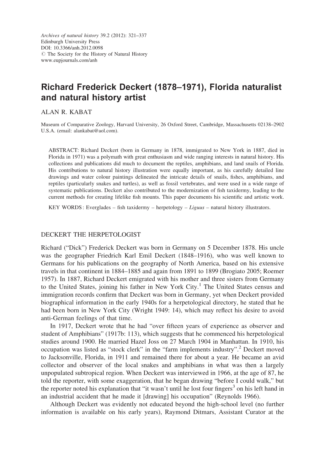 Richard Frederick Deckert (1878–1971), Florida Naturalist and Natural History Artist