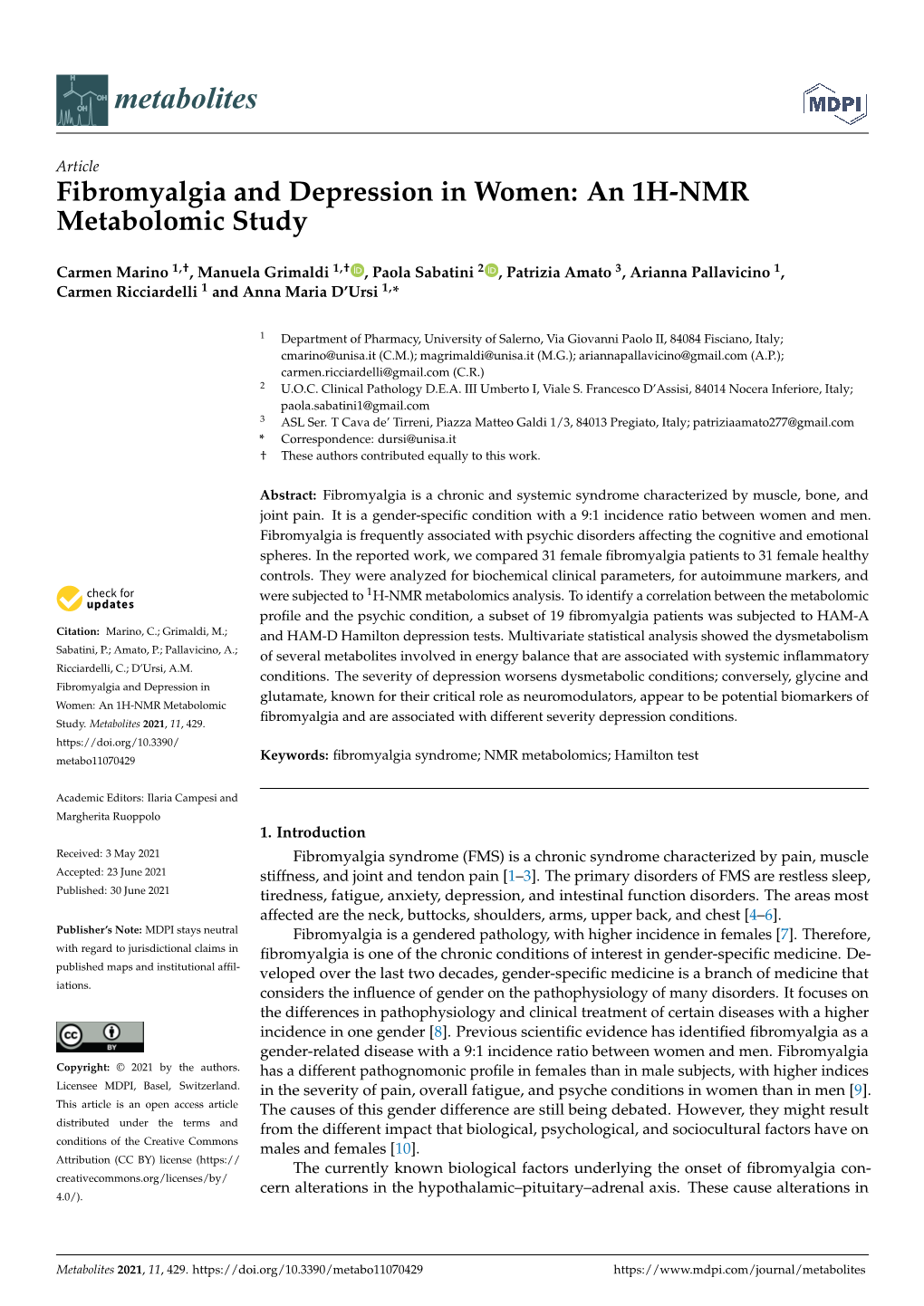 Fibromyalgia and Depression in Women: an 1H-NMR Metabolomic Study