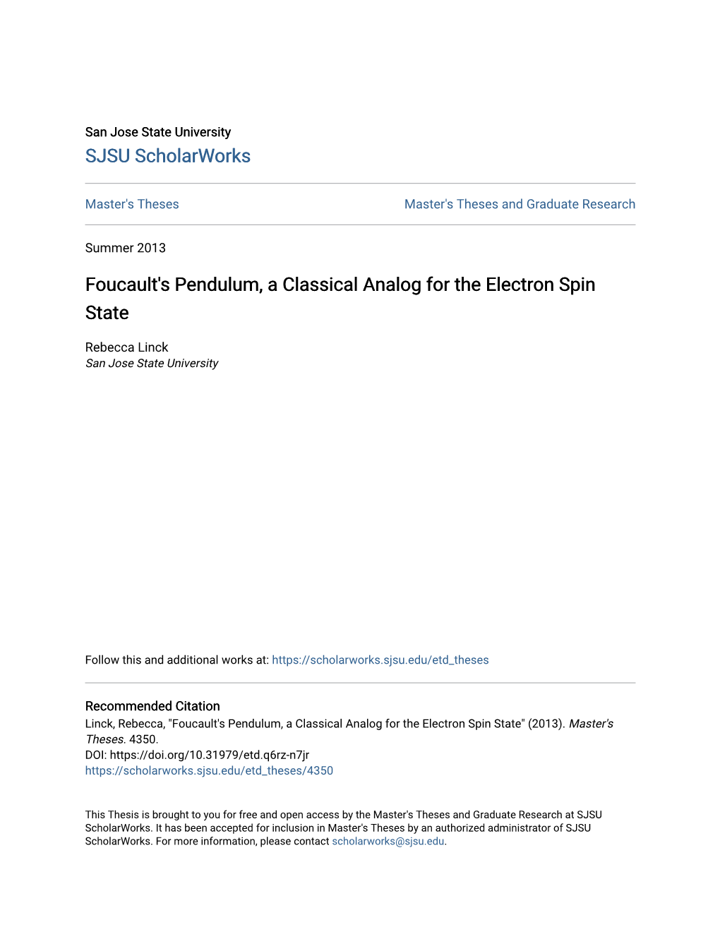 Foucault's Pendulum, a Classical Analog for the Electron Spin State