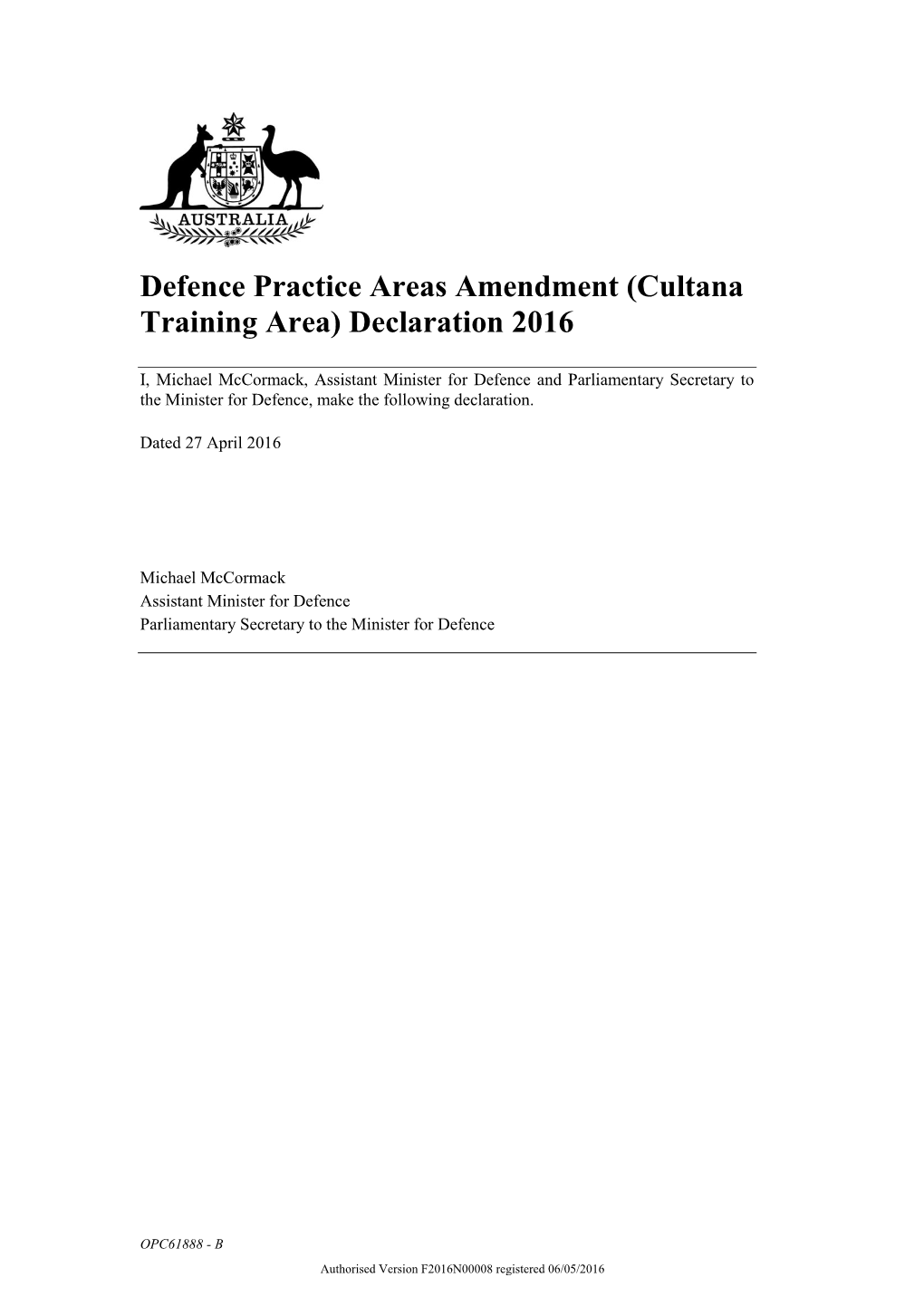 Defence Practice Areas Amendment (Cultana Training Area) Declaration 2016