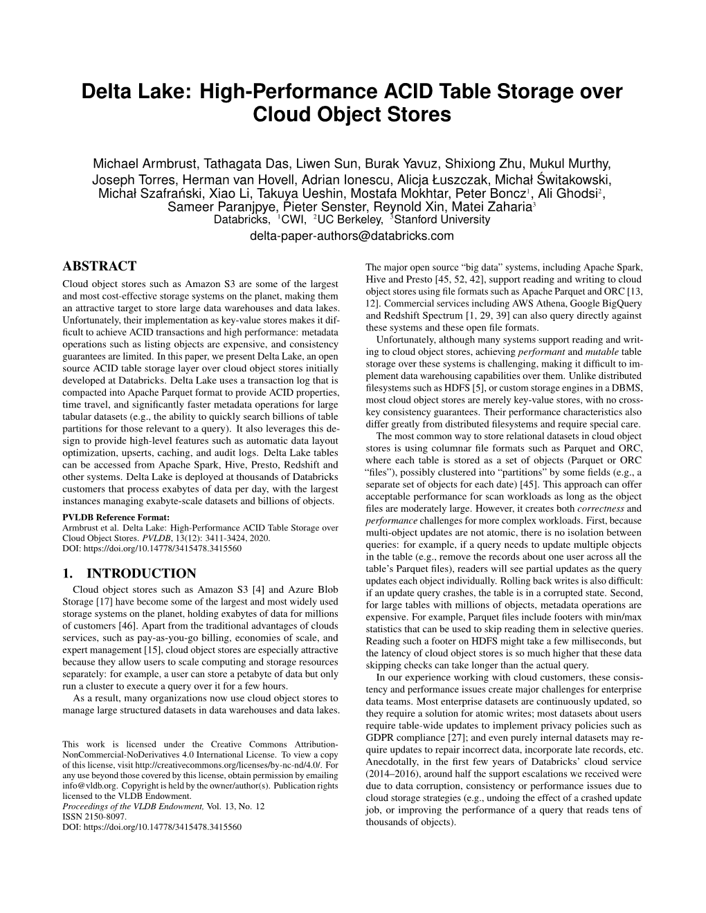 Delta Lake: High-Performance ACID Table Storage Over Cloud Object Stores