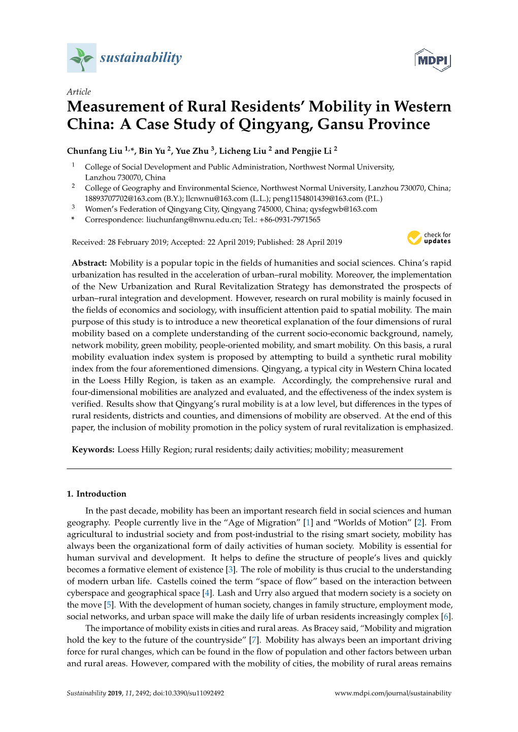 Measurement of Rural Residents' Mobility In