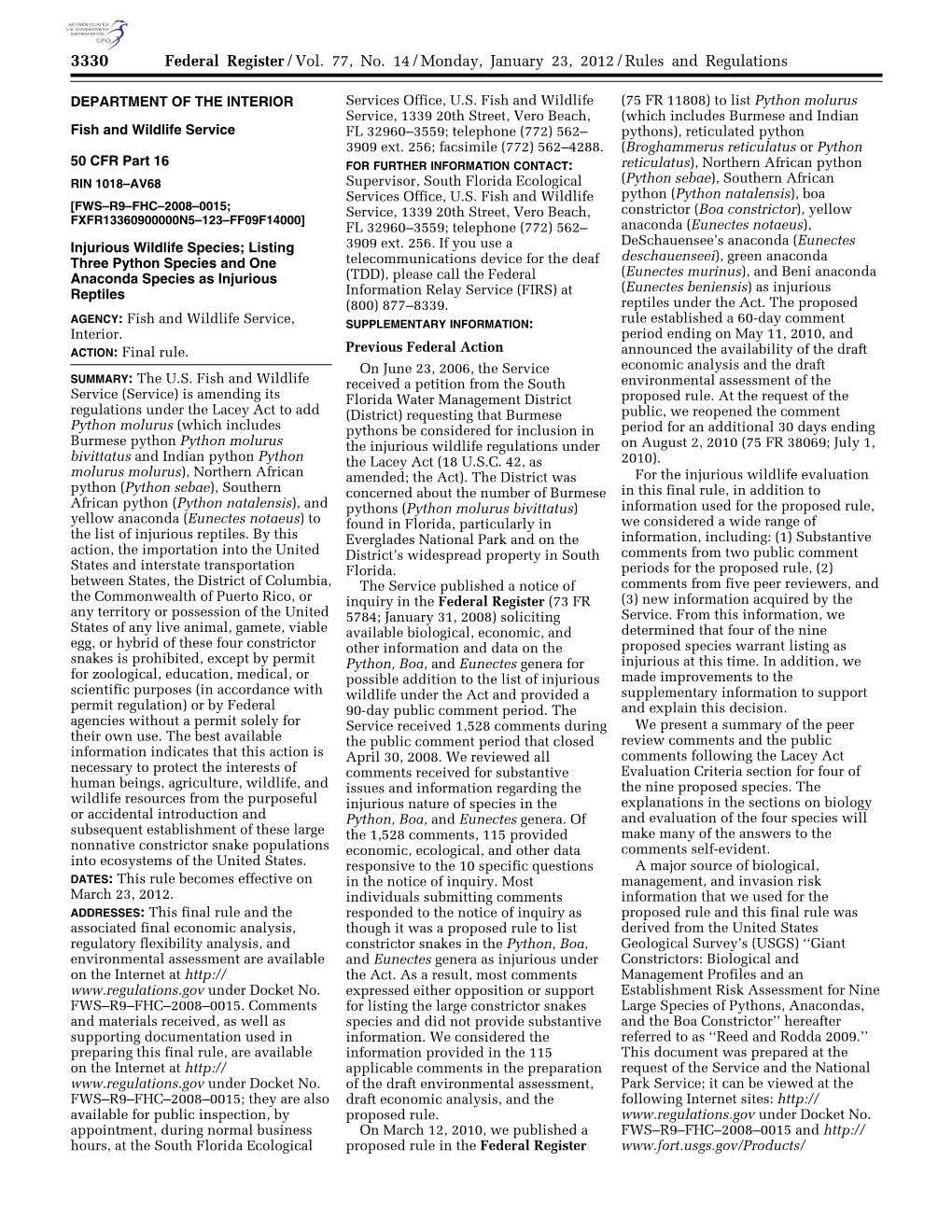 Federal Register/Vol. 77, No. 14/Monday, January 23, 2012